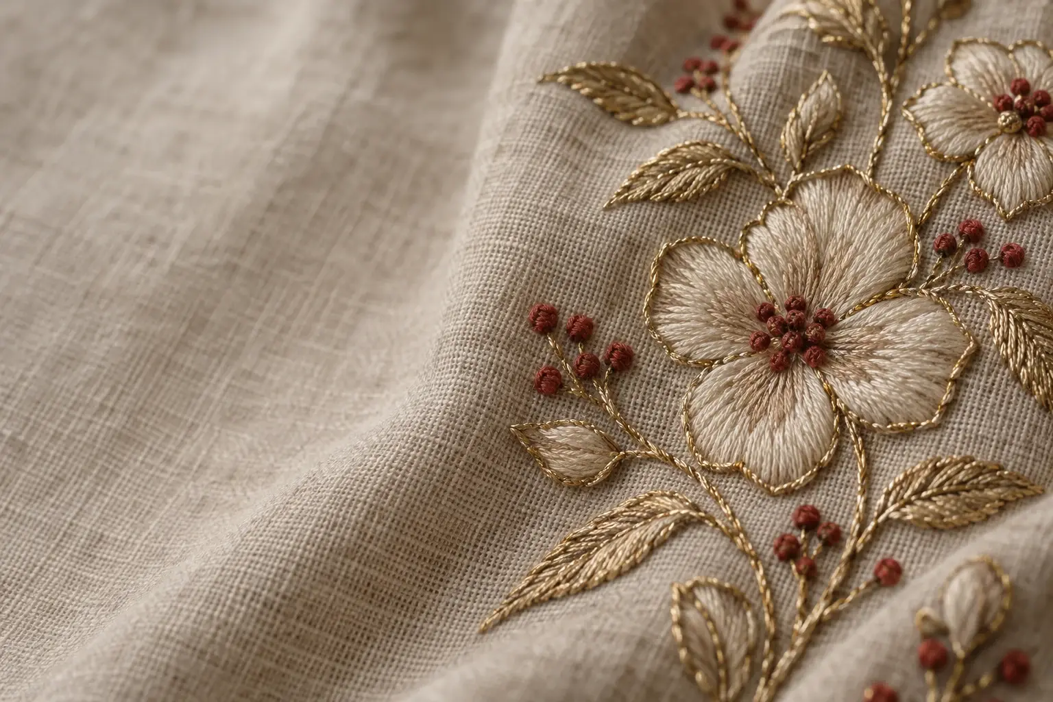 Rinceau floral brodé sur lin : contours en fil d'or couché, pétales au passé plat de soie ivoire, nœuds rouge garance.