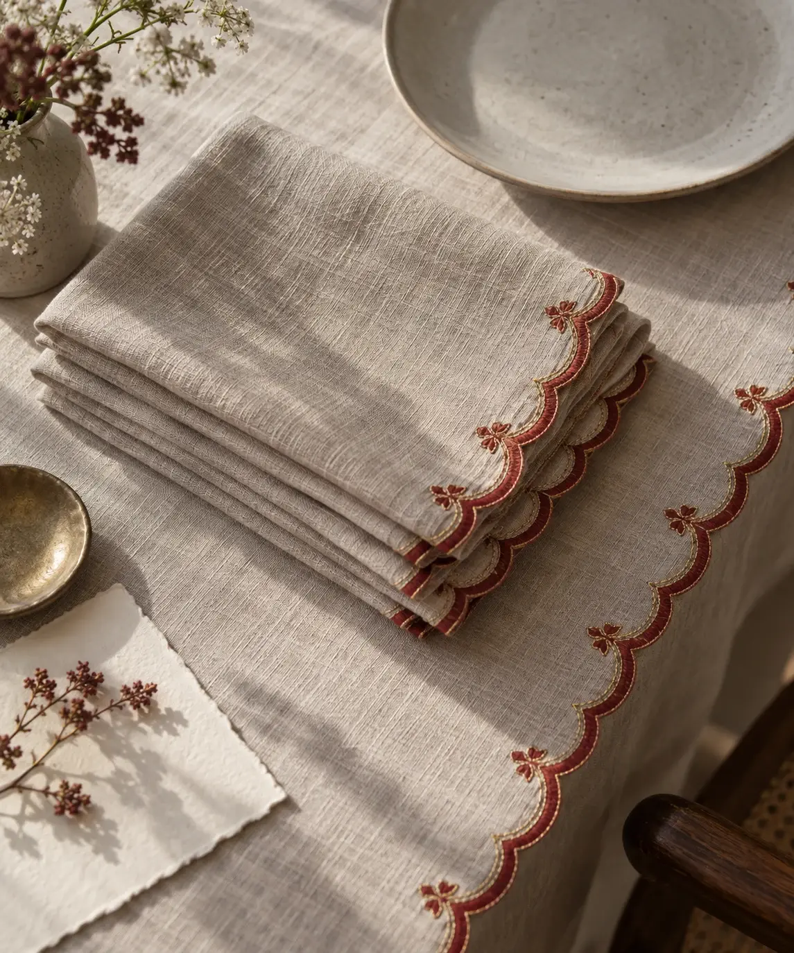 Pile de serviettes de lin à bordure festonnée rouge garance, sur une nappe assortie.